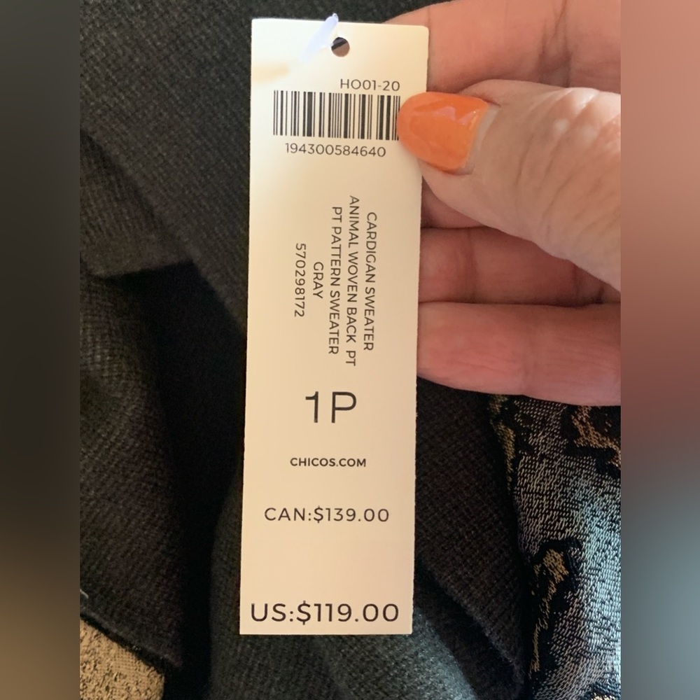 Chico’s Gray Open Front Cardigan with Metallic Animal Print Back - Picture 9 of 10